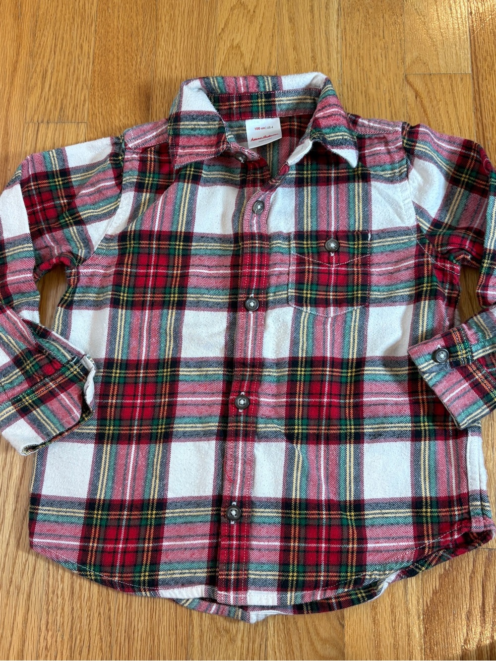 Hanna Andersson Plaid Flannel Button- Down Shirt Boys Size 4 - Red Holiday Plaid